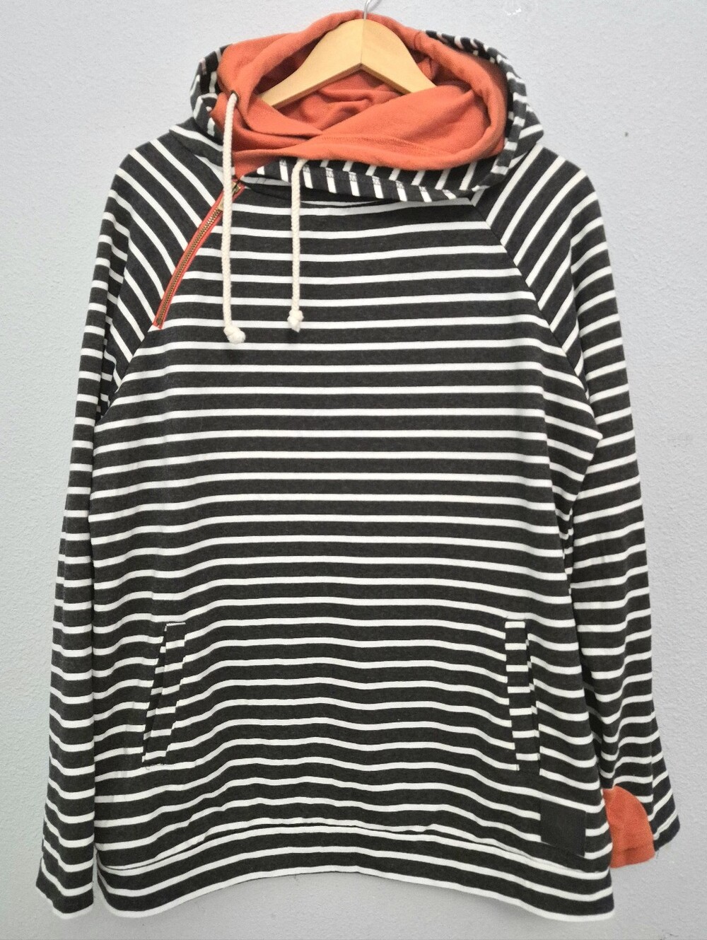 Ampersand Double Hooded Sweatshirt Charcoal Grey Stripe Orange Accent Women XXL